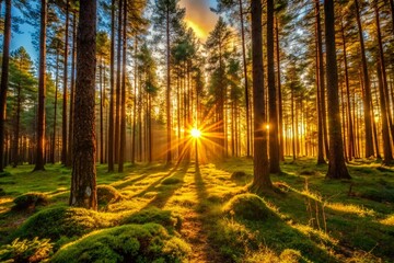 Fototapeta premium Golden Hour Forest Sunset: Candid Nature Photography