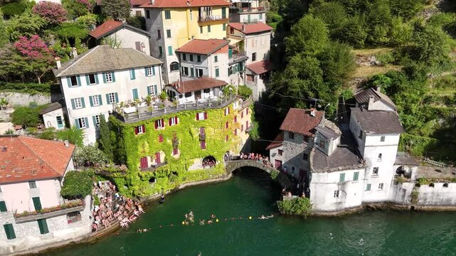 Drone view of Civera Bridge (Ponte della Civera) in Nesso, Lake Como, Italy