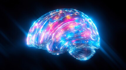 Vibrant 3D Render of a Glowing, Futuristic Brain Against a Dark Background. AI Generated