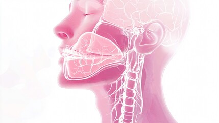 Obraz premium Ethereal Anatomy: A Profile View of the Human Head and Neck in Soft Pink