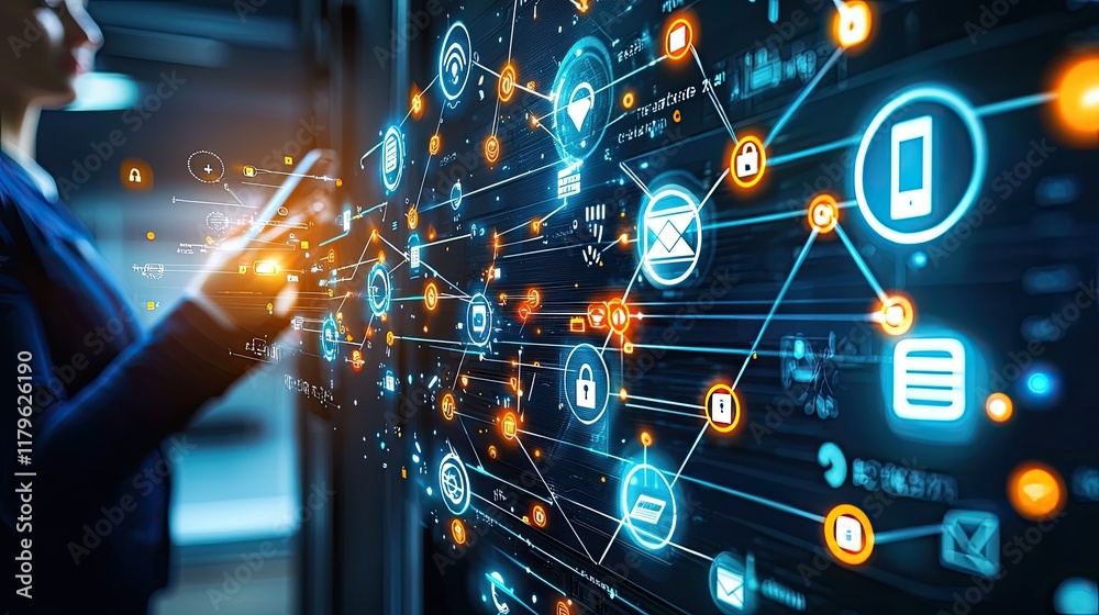 Poster Person Standing in Server Room Surrounded by Digital Icons and Data Streams Representing Technology and Network Infrastructure