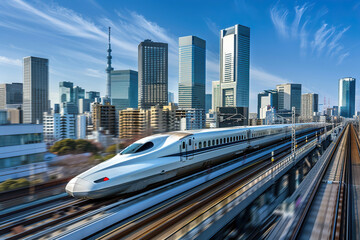Modern big high-speed train in fast motion passes through railway stations, abstract vivid composition consists of fictional unreal fantastic vision on background