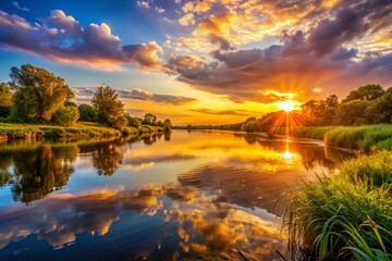 Golden Hour River Sunset: Candid Photography AI-Generated Stock Image