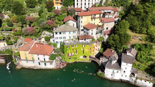 Aerial shot of Civera Bridge (Ponte della Civera) in Nesso, Lake Como, Italy