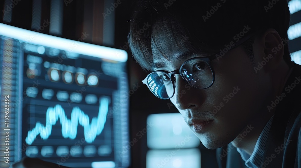 Poster Business Professional Analyzing Data on Computer Screen with Graphs and Charts in Modern Office Environment with Natural Light