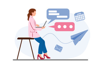 A businesswoman holding a laptop, sending an email, and responding to messages, represents multitasking and effective communication in a professional environment.