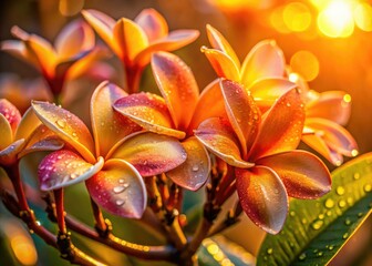 Tilt-shift photography captures a sunrise; delicate, dew-laden orange plumeria blossoms bathe in golden light.