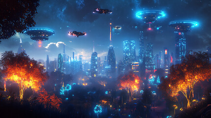 Fototapeta premium A futuristic cityscape illuminated by neon lights and hovering spacecraft in a vibrant environment.