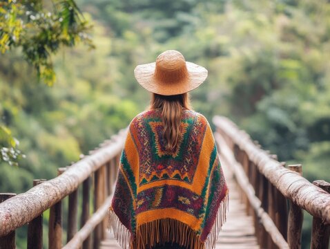 Woman wearing a colorful poncho standing on a rustic wooden bridge surrounded by lush greenery, featuring ample empty space for text overlay, nature, adventure, lifestyle. - Powered by Adobe