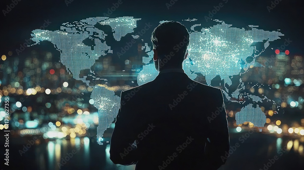 Poster Businessman Interacting with World Map Digital Network, Global Connectivity, Data Visualization and Technology Concept for Modern Enterprises