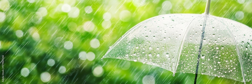 Poster transparent umbrella with raindrops on its surface, providing shelter from a downpour against a back