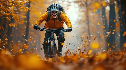 Masked mountain biker speeds through autumn leaves.