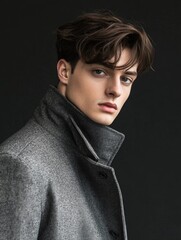 Fototapeta premium Portrait of a handsome young male with brown hair, wearing a stylish gray jacket, against a dark background, featuring ample negative space for text, fashion, model, beauty.
