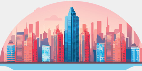 City silhouette in pink and blue colors. Vector illustration of a city landscape, metropolis of beautiful tall buildings, skyscrapers, offices and real estate against the backdrop of beautiful sunset.