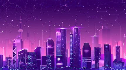 Naklejka premium Futuristic Cityscape with Neon Lights and Starry Night