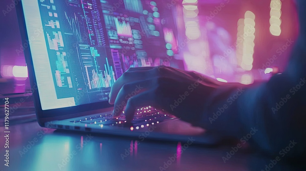 Aufkleber Hands of a Person Analyzing Data on a Laptop Screen with Graphs and Charts in a Bright Office Environment
