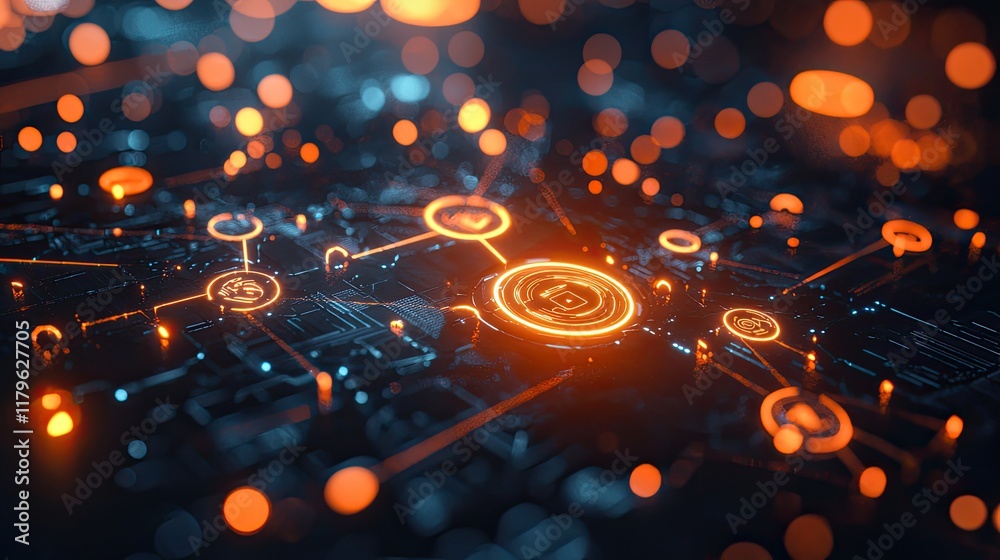 Aufkleber Abstract digital background with glowing icons and lines representing technology, security, data management, and innovation in a futuristic setting.