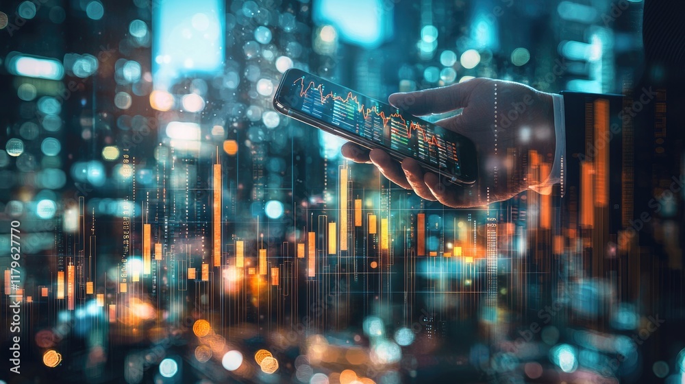 Aufkleber person holding smartphone displaying financial graphs in busy urban environment with blurred city li