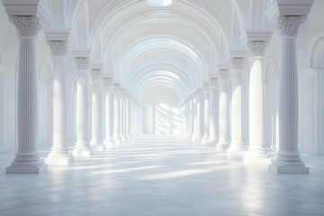 Fototapeta premium minimalist white architectural interior with elegant columns creating rhythmic pattern in infinite corridor with soft natural light
