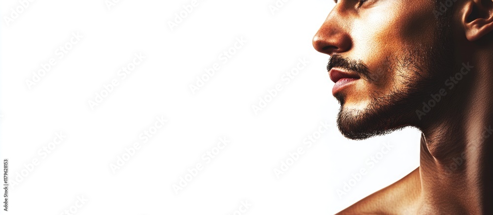 Poster profile portrait of handsome man with chiseled features against a crisp white background showcasing 