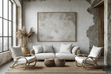 minimalist white canvas chairs against textured mediterranean stucco wall with large abstract art print modern scandinavian living room interior design concept