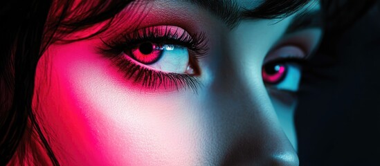 Closeup macro shot of a human female face featuring pink eyes and lips with beauty makeup, dramatic lighting, and substantial empty space for text or branding, cosmetic, portrait, beauty.