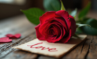 red rose on table with a paper with love word