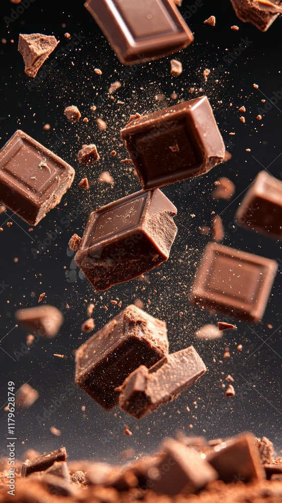 Aufkleber Many chocolate chunks of different sizes are levitating and rotating on a cocoa powder covered surface, creating a visually appealing composition against a dark backdrop