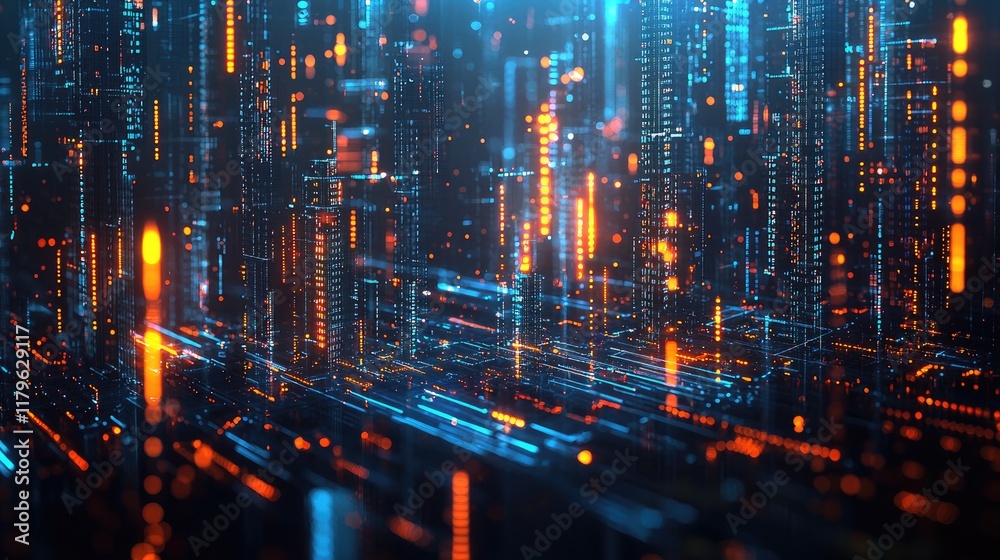 Poster abstract digital financial chart with glowing data lines and stock market trends over cityscape at n