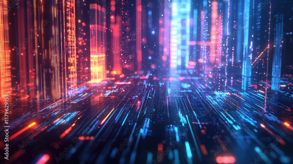 Aufkleber abstract digital financial chart with glowing data lines and stock market trends over cityscape at n