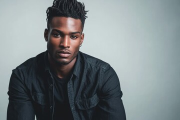 Fototapeta premium Stylish African American male model posing in studio environment with neutral gray background, showcasing confidence and attitude for versatile text placement.