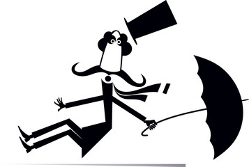 Cartoon man, umbrella and windy day. 
Cartoon long mustache man in the top hat with umbrella falling down from the fit by the strong wind. Black and white illustration
