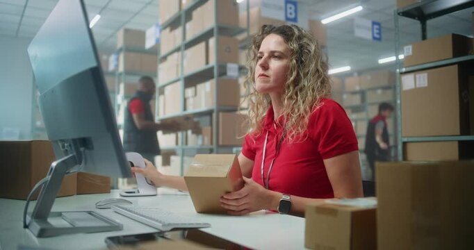 Female logistics specialist scans parcel using barcode scanner, checks data using computer. Sorting center employees carrying cardboard boxes for shipping to clients. Load department of postal service
