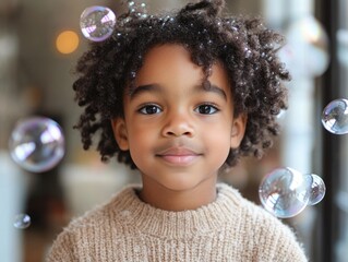 Fototapeta premium Charming young boy with curly hair in cozy sweater surrounded by floating bubbles in bright bathroom, creating a playful and inviting atmosphere.
