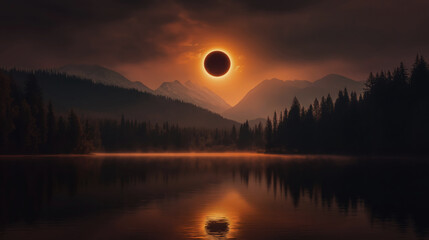 Fototapeta premium Breathtaking Total Solar Eclipse Reflected on Serene Lake Landscape