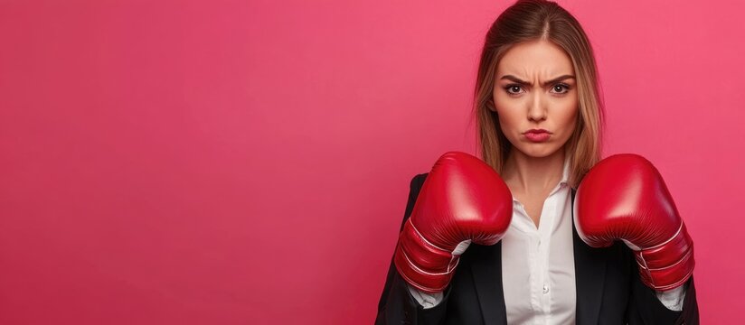 Empowered businesswoman in boxing gloves exuding confidence on a vibrant pink backdrop with ample empty space for branding and messages