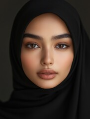 Naklejka premium Closeup portrait of a Muslim girl with beautiful features wearing a black hijab against a soft dark background with ample blank space for text.