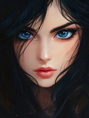 Stunning close-up portrait of a girl with dark flowing hair and striking blue eyes, featuring ample empty space for text in a soft, elegant background.