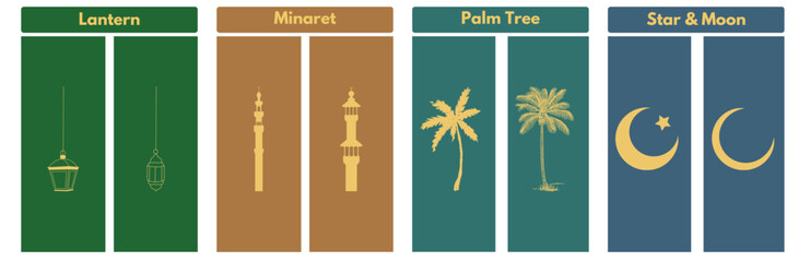 Islamic icons feature a lantern, minaret, palm tree, and star and crescent. Perfect for Ramadan, Eid, and Islamic designs. 