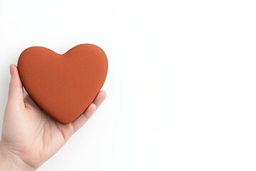 Fototapeta premium A close-up image of a human hand gently holding a heart-shaped object crafted from red clay.