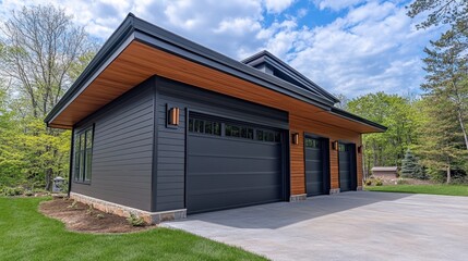 Obraz premium Modern Black Garage with Wooden Accents and Lush Landscape
