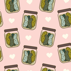 cute hand drawn pickle jar with cucumbers seamless vector  pattern illustration on pink background with hearts