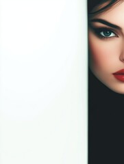 Elegant close-up portrait of a woman with striking green eyes and bold red lips against a soft white background with empty copyspace for text.