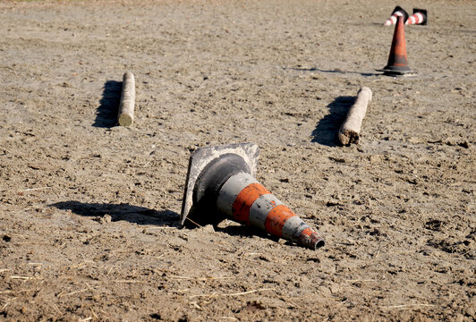 Road cones and equipment at a horse training camp
