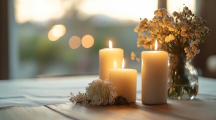 The aromatherapy candles on the wooden table, white tablecloth, exquisite floral arrangement, soft lighting, and blurry background create a peaceful and warm atmosphere