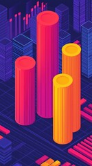 Fototapeta premium A vibrant, abstract graphic featuring colorful cylindrical bars representing data analysis and statistics against a dark background.