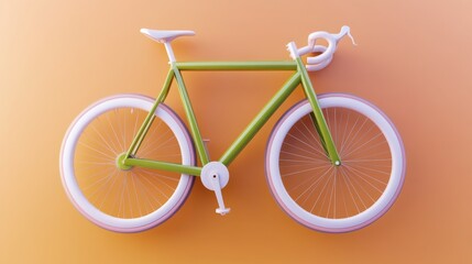 A vibrant, minimalist bicycle in green and white, mounted against a warm orange background, highlighting its sleek design and modern aesthetics.