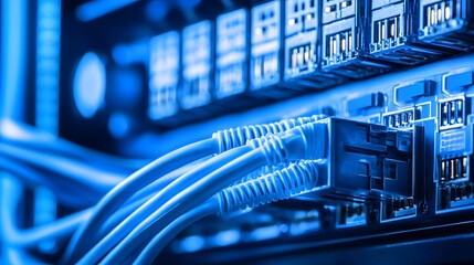 Naklejka premium Close-up of blue fiber optic cables connected to a network switch. The image showcases high-speed data transfer technology in a data center or server room.