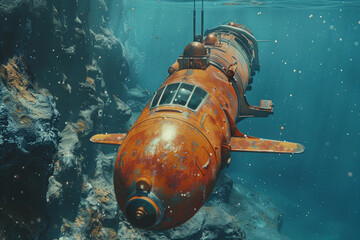 Obraz premium Beautiful large bathyscaphe floating in middle of deep ocean during exploration, abstract vivid composition consists of fictional unreal fantastic vision on background