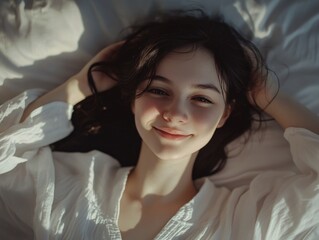 Fototapeta premium Smiling dark-haired girl in white pajamas on a soft bed with gentle sunlight , relaxed home atmosphere, dreamy mood, perfect for wellness and lifestyle concepts
